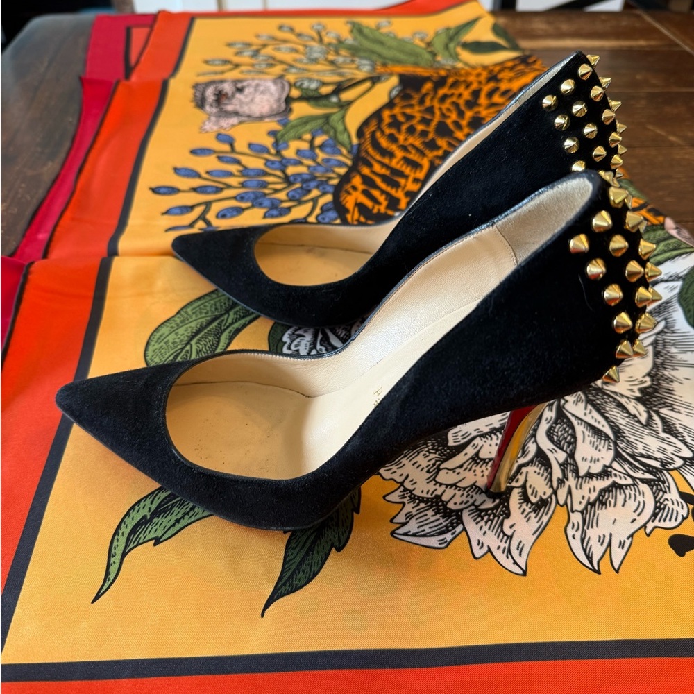 Louboutin Black Suede Studded Gold Heels